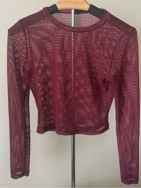 Just Polly Metallic Mesh Knit Top Burgundy Sheer LS Grunge Y2K Women’s Med